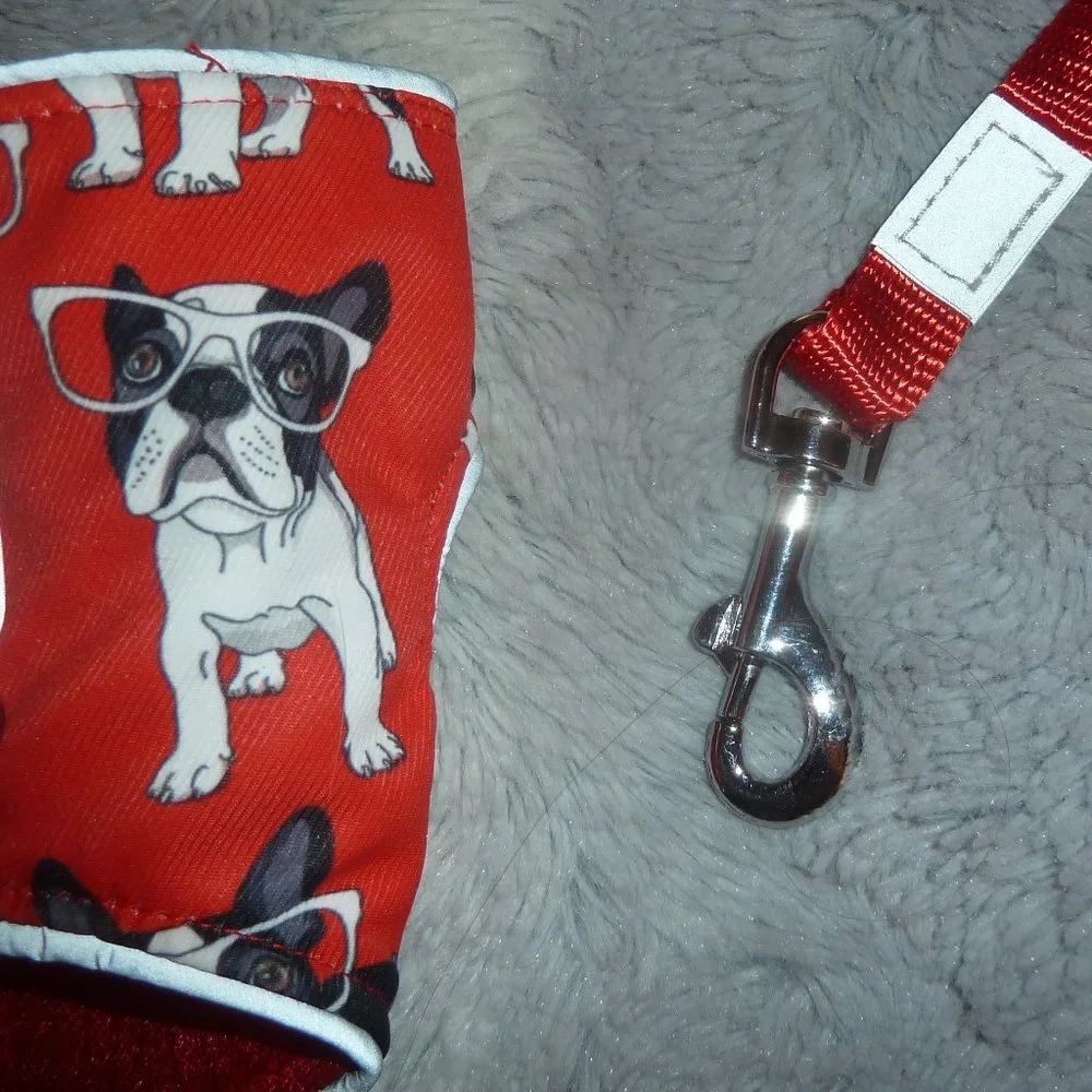 XS Dog or Cat Harness & Leash Set, Red with Black & White Dog Print, New